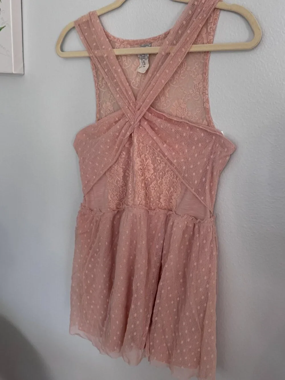 Free People Blush Pink Swiss Dot Lace Crossover Halter Peplum Tank Top L